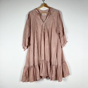 Myrah Penaloza Raw Satin Silk Pullover Midi Ruffle Trim Hem Dress Pink Large